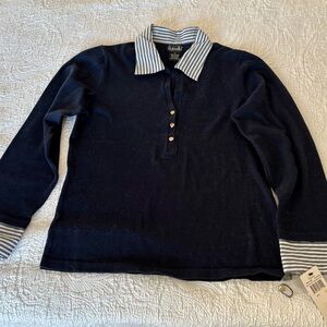 NWT Rafaella Nautical Separates M Navy Top Striped Collar & Cuffs V Neck L/S